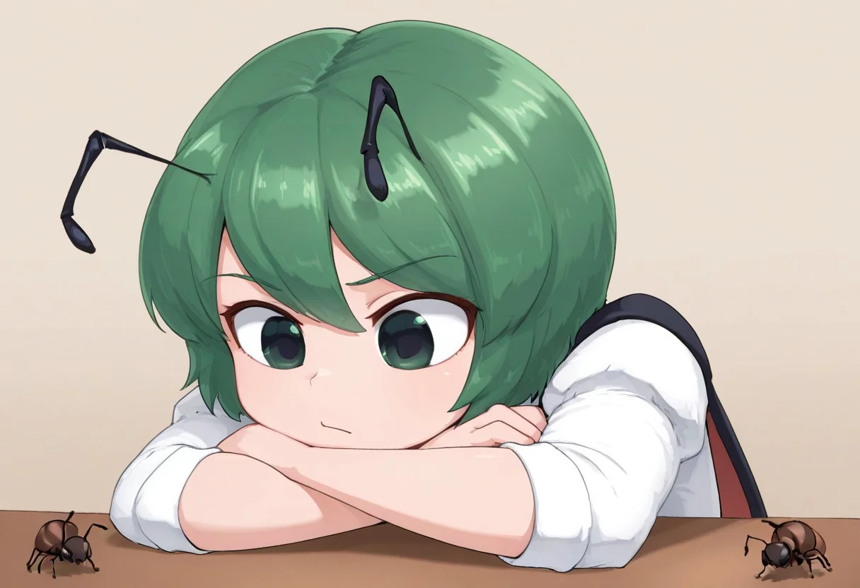 best quality, hires, close up, upper body,
1girl, solo, wriggle nightbug,
crossed arms, head rest, table,
looking at ant,
ant, bug,
...