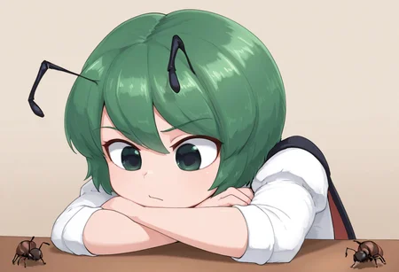 best quality, hires, close up, upper body,
1girl, solo, wriggle nightbug,
crossed arms, head rest, table,
looking at ant,
ant, bug,
...