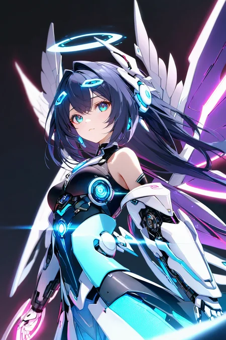 Jed-rbt, seraph, 1girl, cinematic angle, :3, looking at viewer, scifi hair ornaments, energy hair, brooch, sleeve, cape, mechanical wings, screws, cables, led lights, glowing, Futuristic, chromatic aberration, Kawaii, [(blue-white background:1.2)::0.2], (neon luminescence background:1.2), illustration, incredibly absurdres, ultra detailed, masterpiece, best quality,[<lora:detailed_notrigger:0.95>::0.5], [:<lora:detailed_hands:1.05>:0.5],<lora:RoboStyle:1>