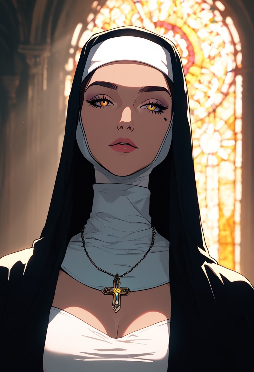 masterpiece,best quality, highly detailed, score_9, score_8_up, score_7_up, score_6_up, source_cartoon,
 BREAK
1milf, neon nun, (LED-lit breasts), holographic habit
BREAK
confessing to drone priest, from booth, crypto donations, stained glass (advertisements), AI absolution
 BREAK
dynamic light, warm_light, vibrant colors warm_colors, soft focus, high contrast, textured surfaces, depth of field, golden hour lighting, dramatic shadows, rich details, nature-inspired color palette, playful composition.
,dynamic angle,dynamic light,background,