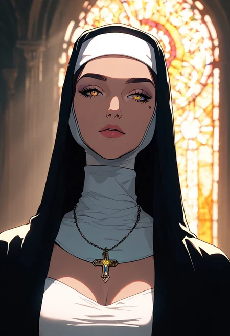 masterpiece,best quality, highly detailed, score_9, score_8_up, score_7_up, score_6_up, source_cartoon,
 BREAK
1milf, neon nun, (LED-lit breasts), holographic habit
BREAK
confessing to drone priest, from booth, crypto donations, stained glass (advertisements), AI absolution
 BREAK
dynamic light, warm_light, vibrant colors warm_colors, soft focus, high contrast, textured surfaces, depth of field, golden hour lighting, dramatic shadows, rich details, nature-inspired color palette, playful composition.
,dynamic angle,dynamic light,background,