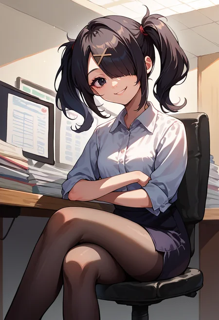 score_9, score_8_up, source_anime, 1girl, solo, AmeChan, black hair, black eyes, medium hair, twintails, hair over one eye, x hair ornament, indoors, office lady, office chair, sitting, crossed legs, miniskirt, black pantyhose, dress shirt, smile, <lora:ChamKAngelPonyXL:0.8>