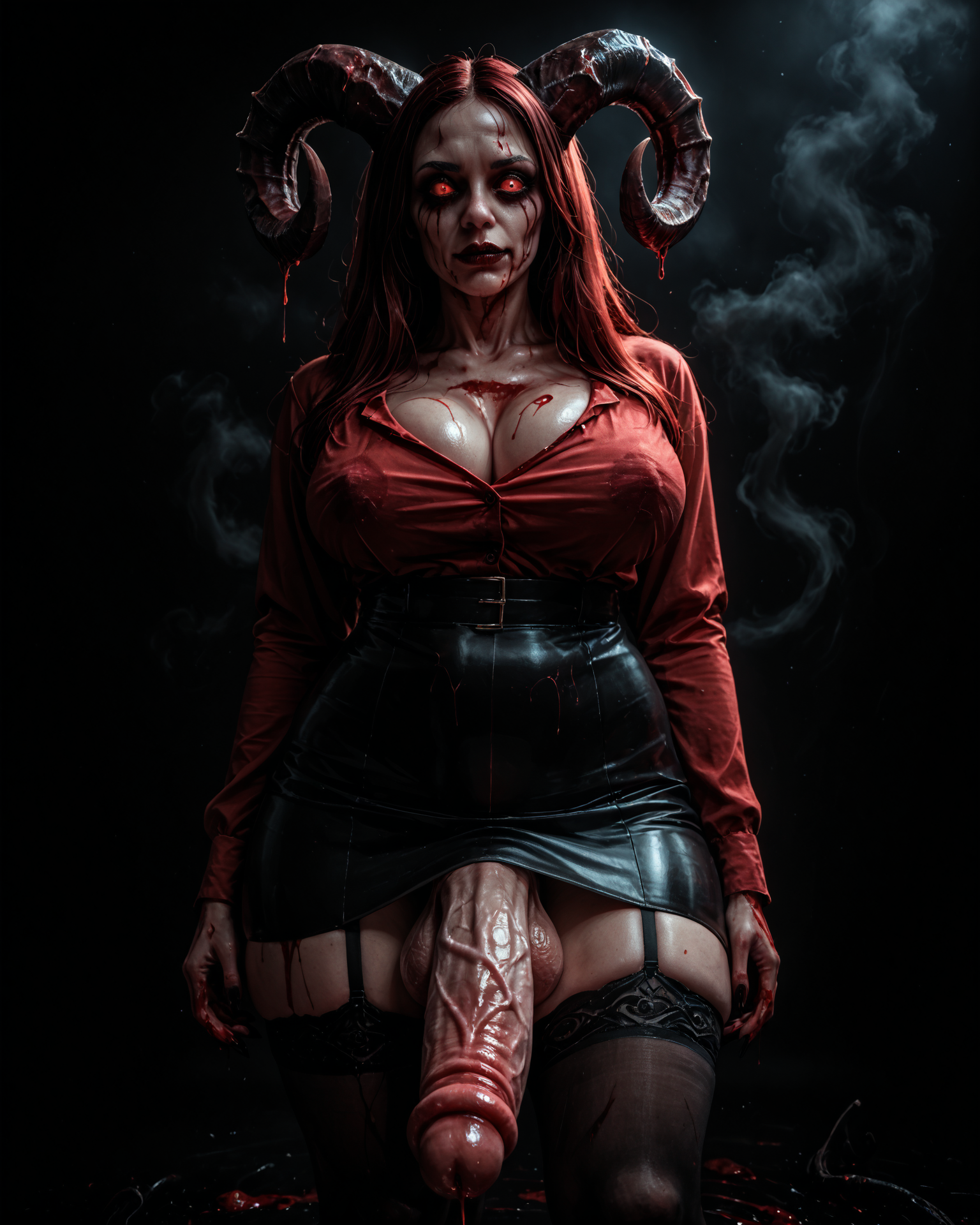 score_9, score_8_up,score_7_up,
1girl, solo, demonwoman, female demon, large horns,
blood, horror,
black background, low light,
(futanari, huge penis, erection),
skirt, stockings, skindentation,
<lora:FutaDemonWoman_Pony:0.8>