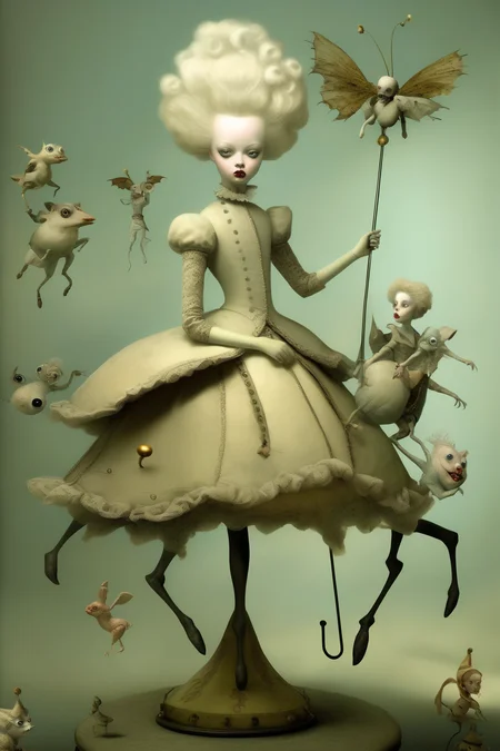 <lora:Ray Caesar Style:1>Ray Caesar Style - A vintage carousel with eerie creatures as the carousel animals