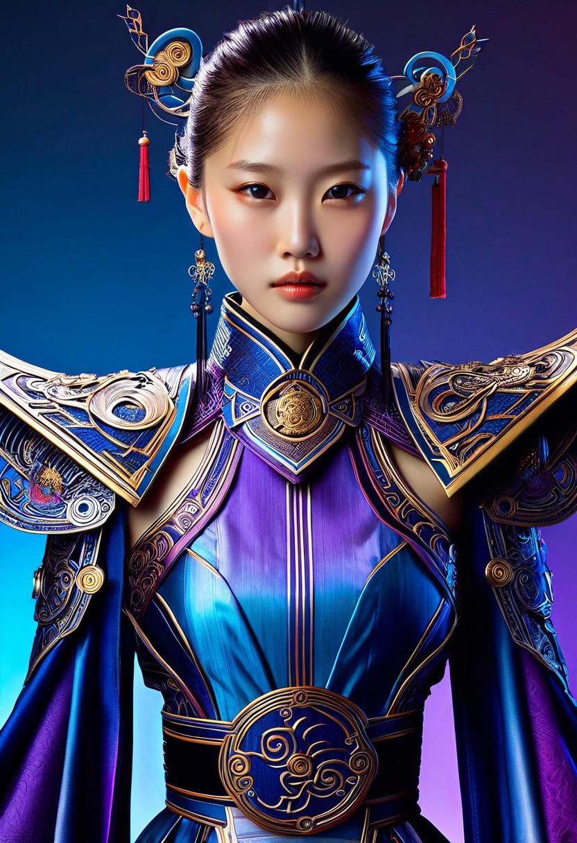 A hyper-realistic, upper-body portrait of a lone girl adorned in intricate, futuristic fantasy clothes, blending traditional Chinese cultural elements with modern accents, set against a subtle, gradient background that shifts from deep blues to vibrant purples, with soft, cinematic lighting that accentuates her delicate features, capturing the subtle sheen of silk and the metallic glint of futuristic accessories, in the style of digital painting with precise, ultra-detailed textures.