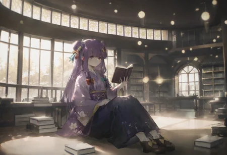 volumetric lighting, ambient occlusion, luminescent background, masterpiece, very awa,library,indoors, a girl sitting and holding a book, beam of light, light through window
BREAK
patchouli knowledge, 1girl, solo, purple eyes, purple hair, long hair, sidelocks,, patchouli knowledge \(great library at the hieda residence\), alternate costume, no headwear, hair bun, double bun, hair ornament, blue bow, yellow bow, red bow, aqua bow, crescent hair ornament, purple kimono, floral print, long sleeves, wide sleeves, yellow obiage, purple obi, hakama skirt, footwear bow, brown boots, holding book,