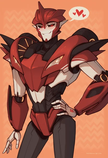score_9, score_8_up, score_7_up, score_6_up, score_5_up, score_4_up, BREAK, knockoutpdxl, mecha, robot, solo, heart, abstract background, red eyes, black sclera, smile, looking at viewer, simple background, 1boy, cowboy shot, peace sign, hand on hip, blush, speech bubble, bedroom eyes, suggestive <lora:KnockOut:0.7>