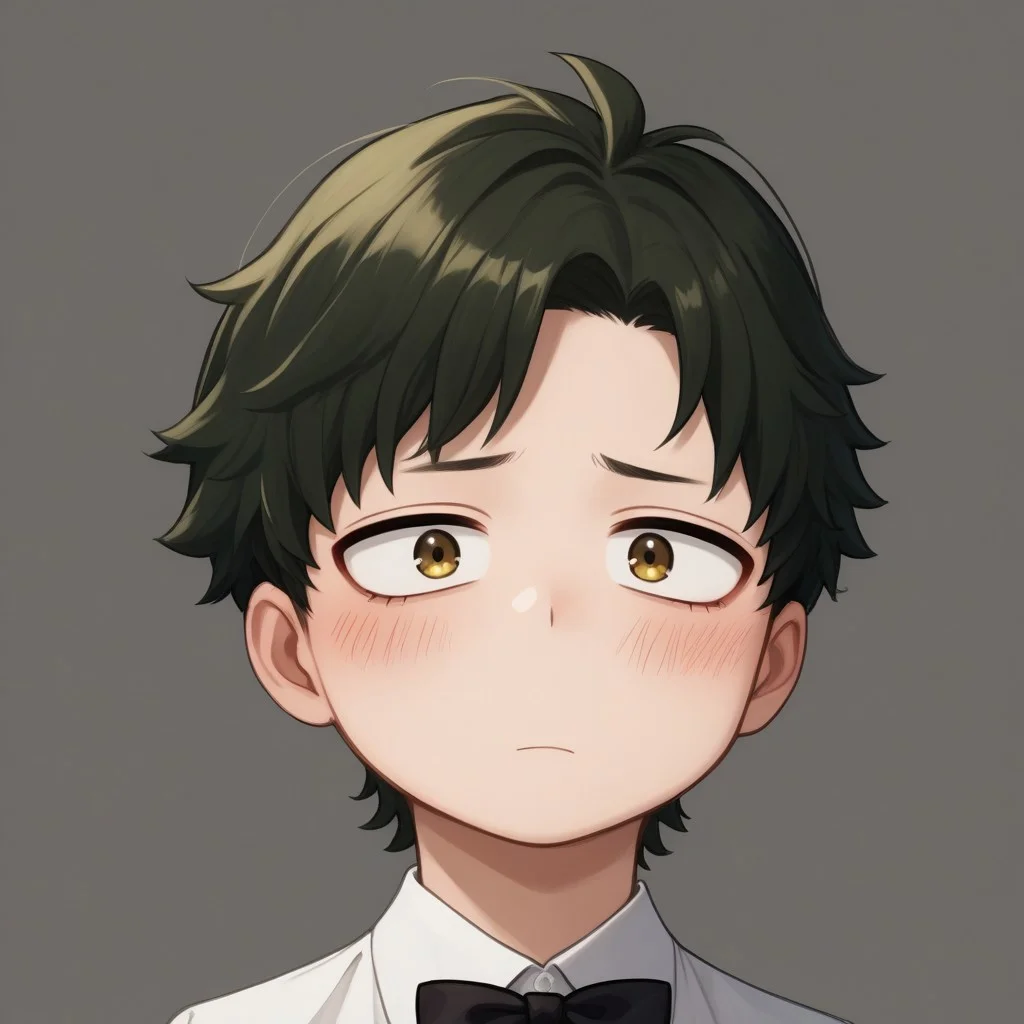 score_9, score_8_up, score_7_up, source_anime, highly detailed, cute boy, 1boy, solo, young, damian desmond, short hair, brown hair, brown eyes, white tuxedo, black bow tie, black socks, white dress shoes, blushing, shy, looking away from viewer, looking slightly to the side, avoiding eye contact