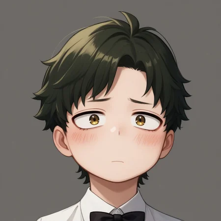 score_9, score_8_up, score_7_up, source_anime, highly detailed, cute boy, 1boy, solo, young, damian desmond, short hair, brown hair, brown eyes, white tuxedo, black bow tie, black socks, white dress shoes, blushing, shy, looking away from viewer, looking slightly to the side, avoiding eye contact