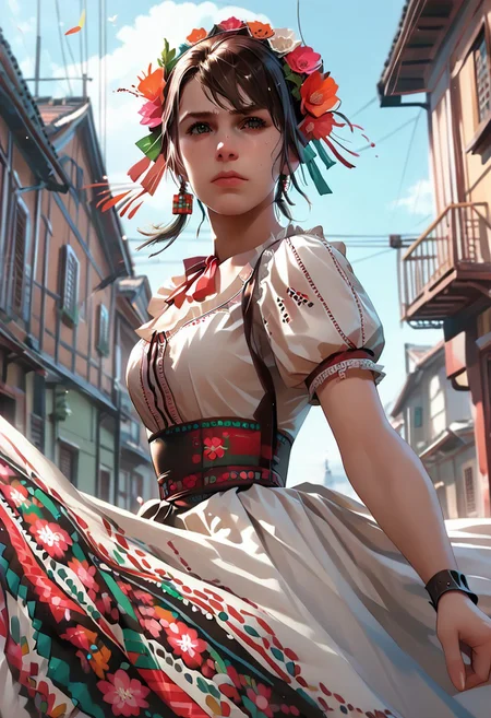 score_9, score_8_up, score_7_up, score_6_up, 1girl, perfect face, dynamic angle, outdoors, Mexican town, quiet_mgsv, MexClothes, hair ornament, flower, white dress, frills, traditional clothes, ribbon, puffy sleeves, multicolored clothes, colorful clothes,