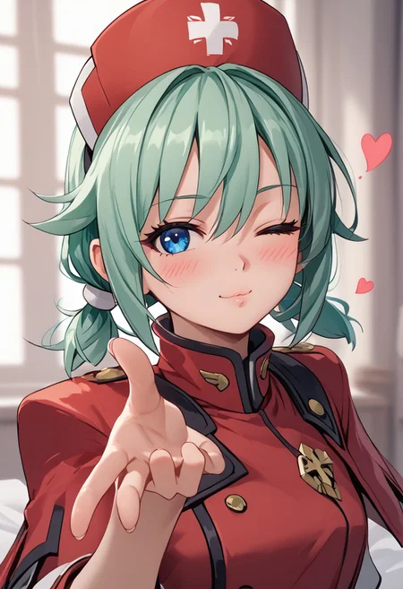 score_4,score_5,score_6,score_7_up,score_8_up,score_9 ((masterpiece,best quality,ultra detailed,highres,HD,4k:1.2))
1 girl,solo,girl forcus,solo forcus,
Lola(Healing),blue eyes,green hair, short hair,  low twintails, hair between eyes, bangs, red nurse cap, red headwear,
<lora:blowing-kiss-ponyxl-lora-nochekaiser:1>, blowing kiss, pucked lips, heart, one eye closed, o3o, looking at viewer, hand up,Pouting lips,pointing fingertips towards viewer,
blush,shy,smile,Half-closed eyes, squinting, staring,jitome,