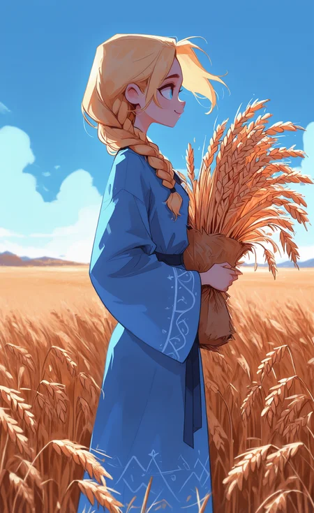 masterpiece, best quality, amazing quality, highres,1girl, solo, long hair, smile, blonde hair, long sleeves, dress, holding, closed mouth, standing, braid, outdoors, sky, day, from side, blue sky, sash, feet out of frame, single braid, floating hair, blue dress, hair over shoulder, robe, Wheat Bunch, field, holding Wheat Bunch, multiple braids, blue robe, wheat, backlighting, <lora:XXX667:0.5> <lora:DiivesIXL:0.5> <lora:96YOTTEA-WAI:0.7> <lora:namukijpg_ill:0.3> <lora:Style60_IXL:1>