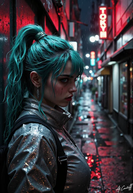 Neon Requiem. The alleyway kneels before her—walls buckling under the 35mm fisheye’s distortion, gravity itself drunk on the Dutch tilt. Rain hangs in jagged streaks, frozen by the shutter’s split-second scream, each droplet a shattered prism reflecting neon ghosts: TOKYO 9:37PM bleeds upside-down in the pistol’s chrome finish. Her turquoise hair is a live wire in the static-charged air, emerald eyes locked on a flickering sign—its fractured glow painting her silver jumpsuit in liquid poison greens. The f/1.4 depth of field turns the world beyond her gun’s sights into a fever-dream blur, where puddles eat the sky whole and the stench of burning rubber crawls up your spine., fg<lora:CustomFlux/MysticFantasy.safetensors:0.5000000000000001:0.5000000000000001> <lora:Flux/Stylized-Super-Texture.safetensors:0.5000000000000001:0.5000000000000001> <lora:CustomFlux/MysticRealism.safetensors:0.7500000000000001:0.7500000000000001>