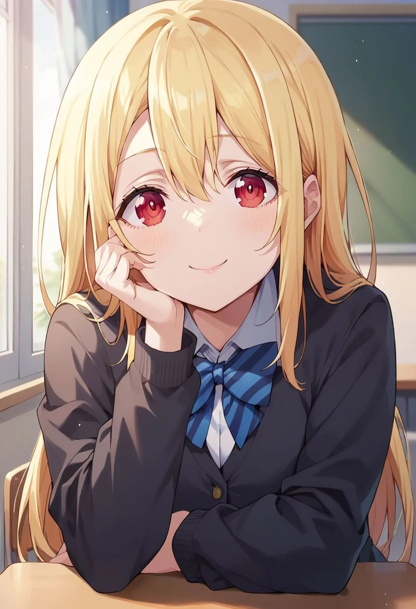 score_9, score_8_up, score_7_up,amane lily, blonde hair, red eyes, 1girl, solo, long hair, looking at viewer, school uniform, jacket, classroom, smile