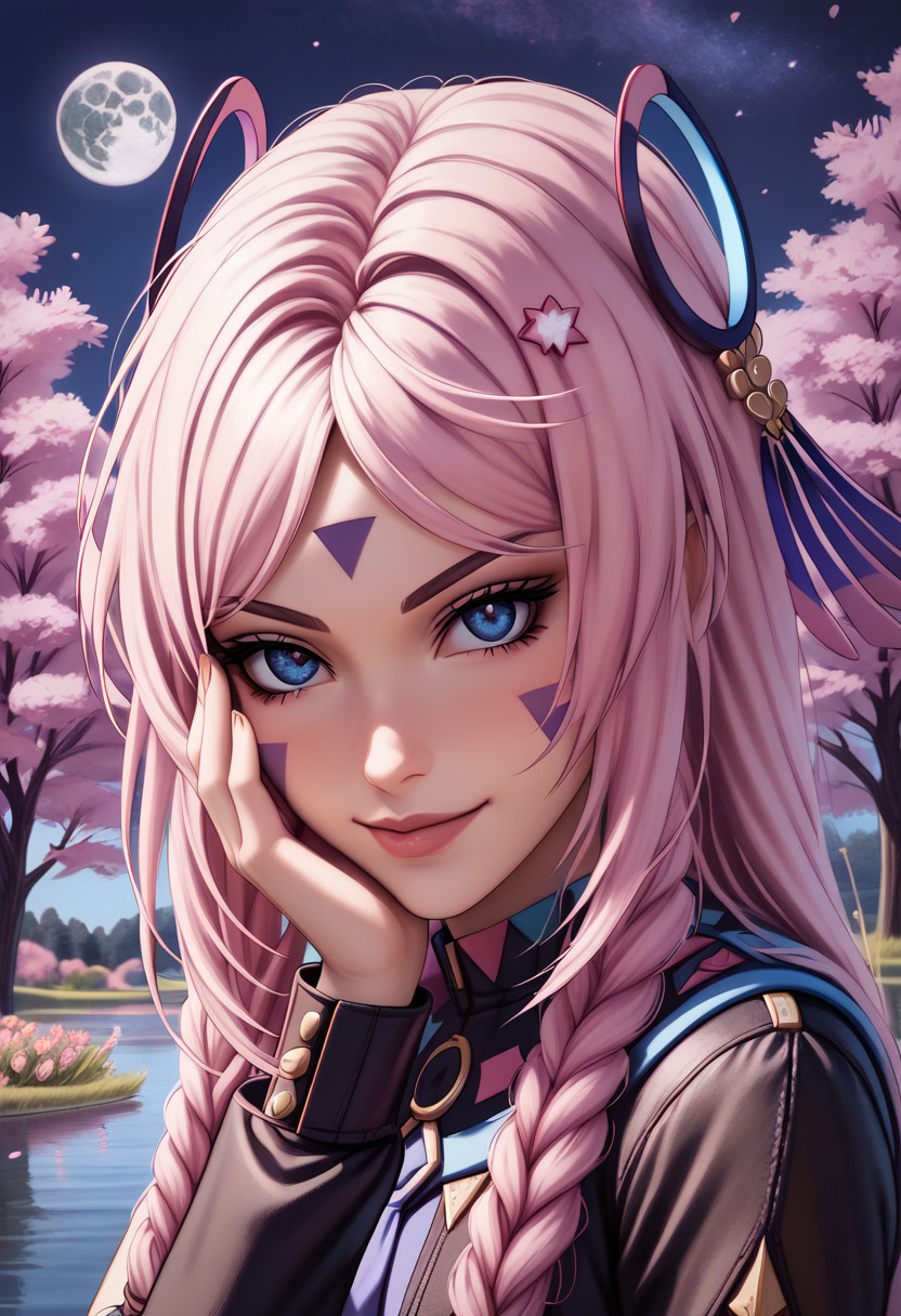 citlali
long hair,facial mark,blue eyes,twin braids,hair ornament
seduvice face, smirk smile
sit on chair, look at viewer, upper body can be seen, hand on face, wind blowing hair
 garden, trees, lake, pink flowers, wind, night, moon, softlight, stars
Detailed background, detailed, DNDFG, Detailed drawing, Fixhand