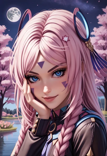 citlali
long hair,facial mark,blue eyes,twin braids,hair ornament
seduvice face, smirk smile
sit on chair, look at viewer, upper body can be seen, hand on face, wind blowing hair
 garden, trees, lake, pink flowers, wind, night, moon, softlight, stars
Detailed background, detailed, DNDFG, Detailed drawing, Fixhand