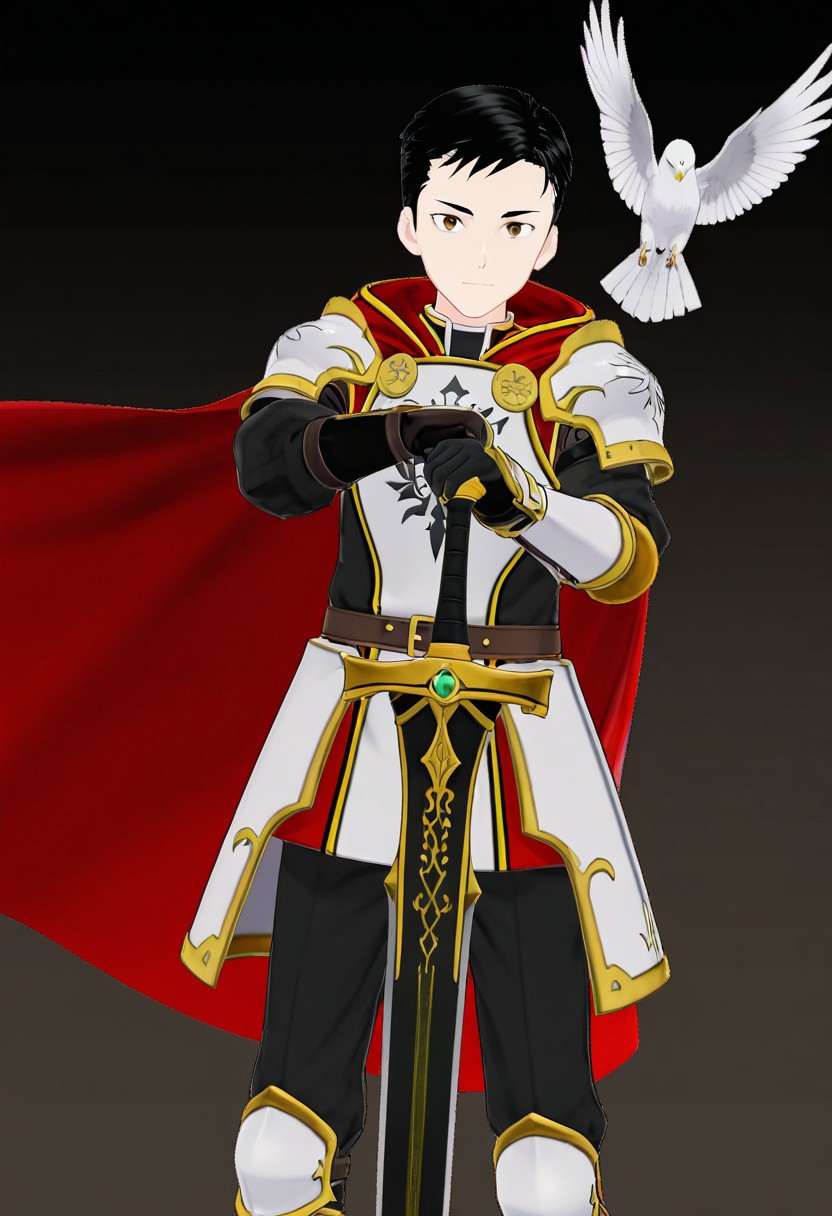 harmard, black hair, short hair, brown eyes, 1boy, solo, solo focus, young, youthful, he is dressed in a suit of dark iron platemail. Break. his right hand is holding up a black coloured sword, Properly holding the sword by the hilt, right hand up, brandishing a sword, his armour bears a crest of a yellow dove. fantasy armour. stylized silver dove emblems and symbols on armour and sheild. Break. epic background is a a beautiful palace. a strong wind is blowing his cape, white coloured armour, ready to fight pose, dawn sky in the background