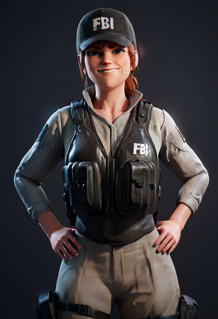 (Score_9, Score_8_Up, Score_7_Up, Score_6_Up),
(3d, Scraggy, High-Detail, High Resolution, Solo),
(Ash, Bulletproof Vest, Hat, Holding Weapon, Assault Rifle, Hat with the word "FBI" on the front, Baseball Hat, FBI Hat)
(Eye Contact, Smug, Smirk, Hand On Hip)