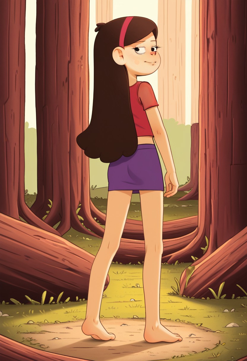Well drawn, bold outline,
2d, vector, line, detailed, perfect hands,
gravity falls, mabel pines,
Long hair, brown hair, pink hairband, 
Shorty, skinny, undersized, thin, petite, flat chested, 
Half closed eyes,
brown eyes, eyelashes, snake eyes. 
Fit brawny body,
Muscular, 
purple microskirt,
red tank top.
midriff,
barefoot, on tiptoes, parted legs, shacking ass dance,