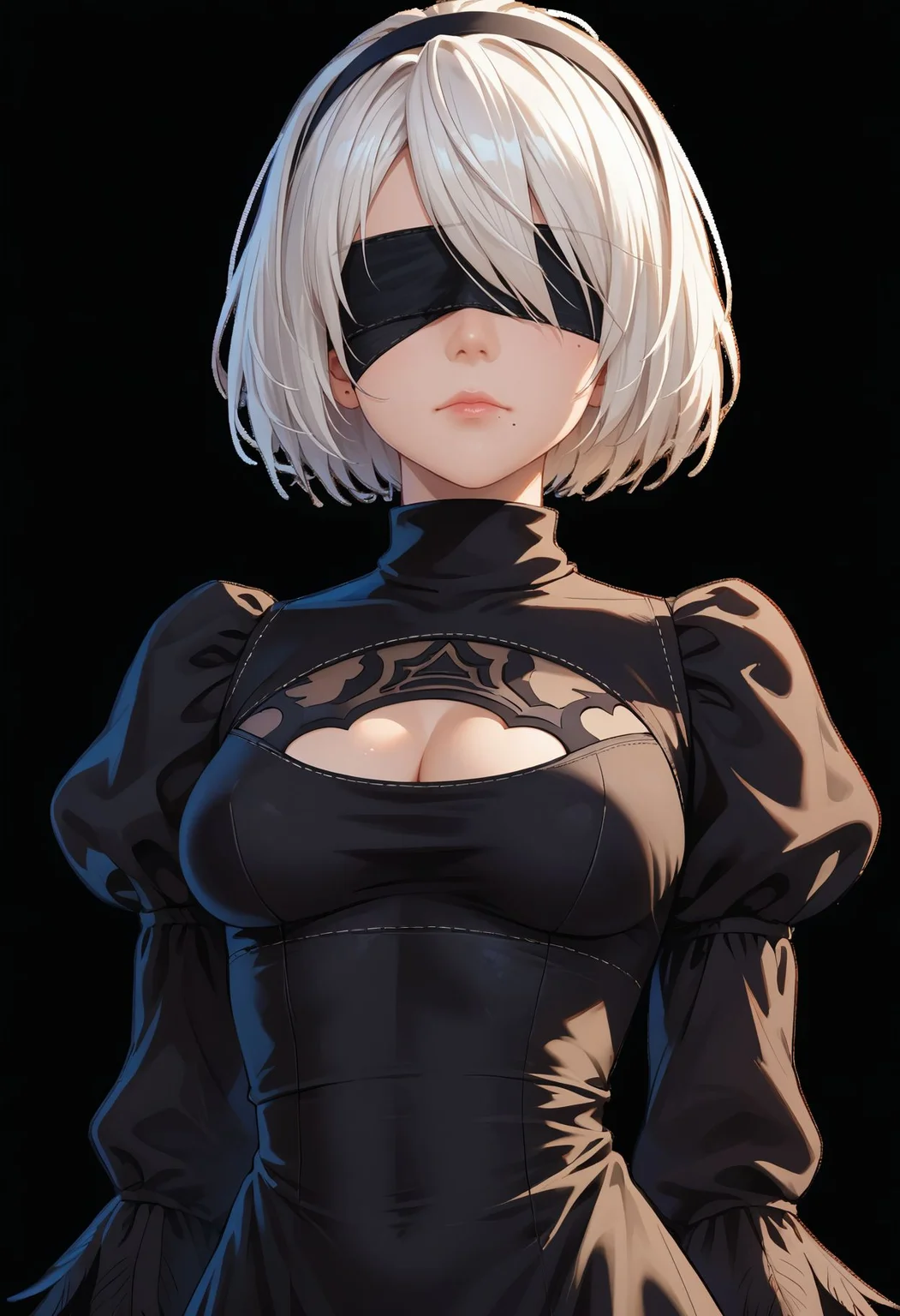 score_9,score_8_up,score_7_up,score_6_up, 2b \(nier:automata\), 1girl, black blindfold, black dress, black hairband, blindfold, breasts, cleavage, cleavage cutout, closed mouth, clothing cutout, covered eyes, dress, female focus, hairband, high collar, long sleeves, medium breasts, mole, mole under mouth, puffy sleeves, see-through clothes, short hair, tight clothes, tight dress, transparent background, turtleneck, turtleneck dress, upper body, white hair