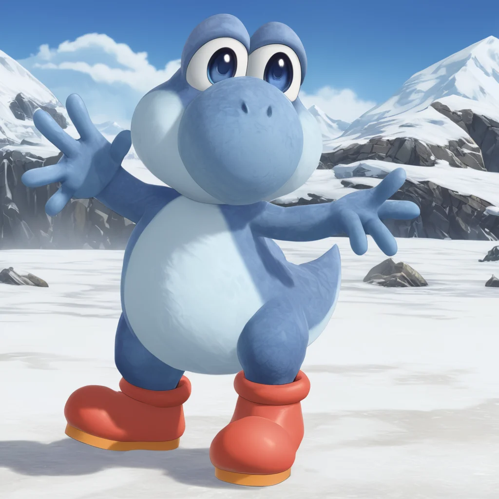 YoshiXL, <lora:YoshiXL:.95>, red footwear, pose, blue skin, tundra, snowy tundra arctic circle, no humans, (anime, masterpiece, intricate:1.3), (best quality, hires textures, high detail:1.2), (4k),(incredibly detailed:1.4),UHD, 8K, ultra detailed