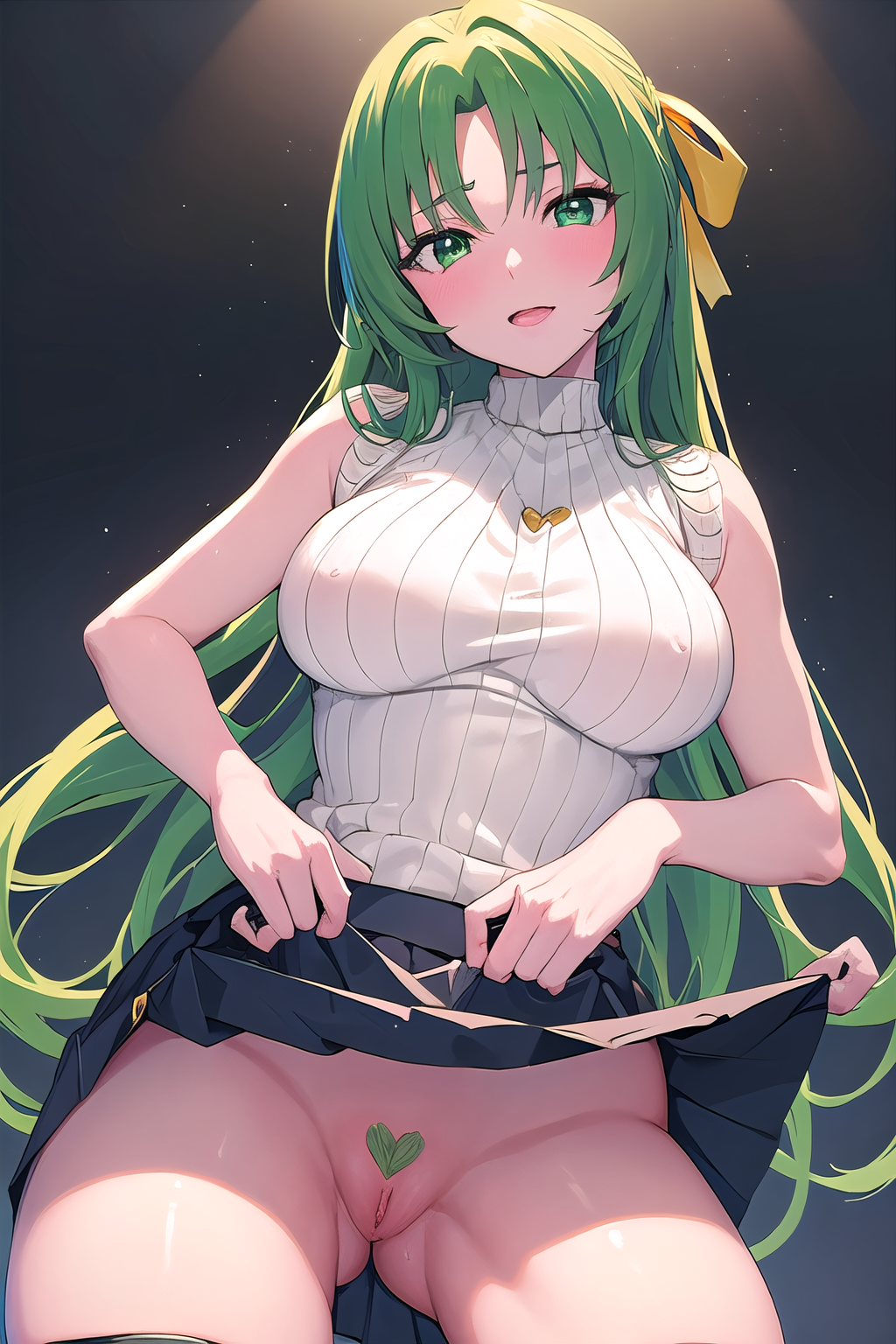 masterpiece, best quality, ultra-high-detailed, heart-shaped pubic hair, pubic hair,  Sonozaki Shion, green hair, green eyes, long hair, yellow ribbon, yellow necklace, turtleneck sweater, black skirt, skirt lift, pussy