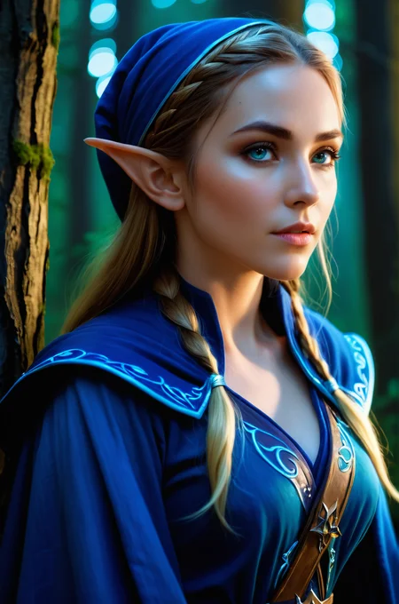 breathtaking female elf mage at night in the forest, atmospheric, cinematic, high detail, masterpiece <lora:S4ndr4_mo6:0.75>S4ndr4 . award-winning, professional, highly detailed