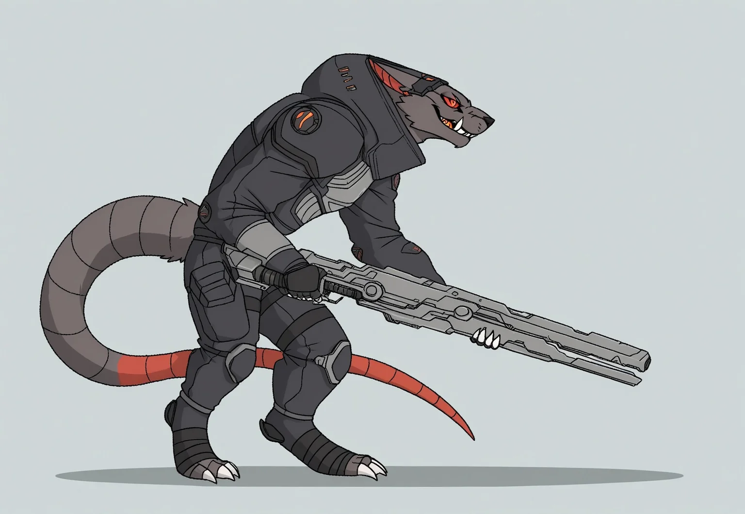 tail, holding weapon, fangs, colored sclera, male focus, from side, sci-fi