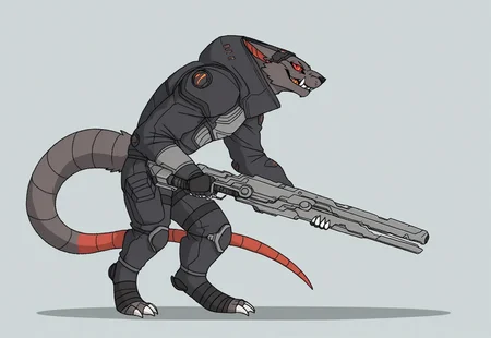 tail, holding weapon, fangs, colored sclera, male focus, from side, sci-fi