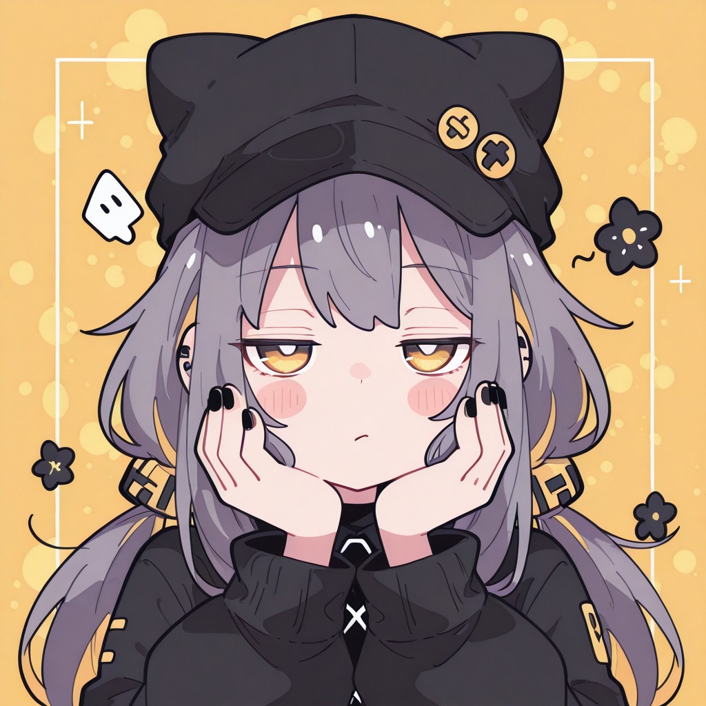 masterpiece, best quality, amazing quality, absurdres, face close up, harajuku fashion,curvy, This image shows a person wearing a black hat and a matching black top, both of which are adorned with vibrant, colorful floral patterns. The background is a bright yellow, and the person has multicolored hair. The hand is positioned near the face, with black nail polish,
seductive mood,
flat color,
((nurzhan bekkaliyev)), fl4t, harust, Flatline, Flat vector illustration,hackadoll3