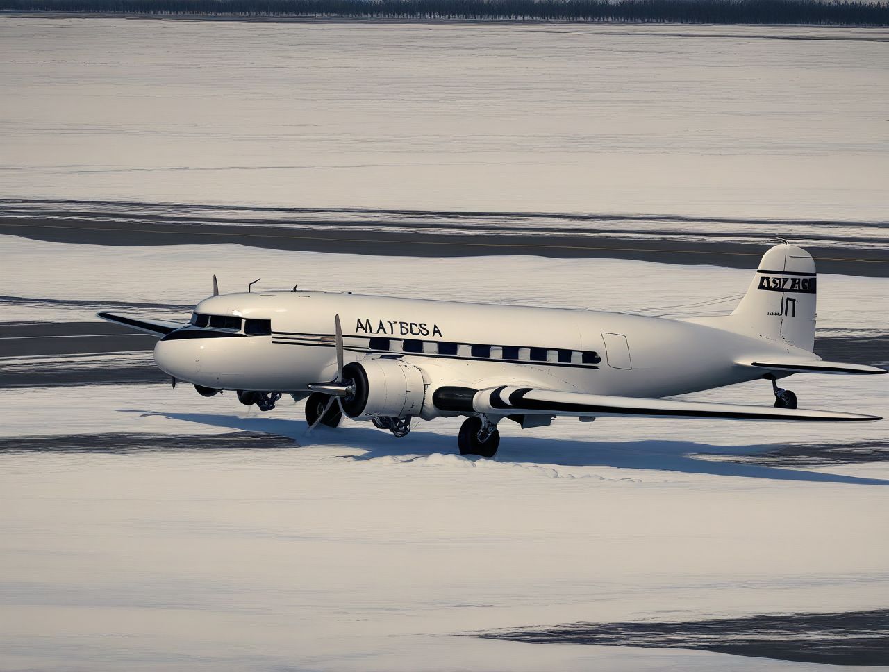 Douglas_DC-3, alaska_runway, snow, cinematic_scene, greg_rutkowski 
,masterpiece,best quality,amazing quality
 <lora:Mini list aircraft Illustrious V1:1>