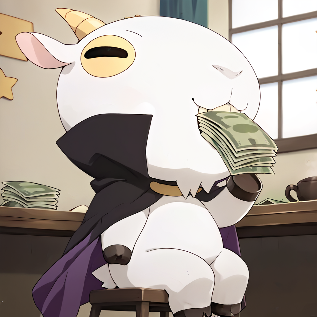 <lora:Don_Valentino-000015:1> cdidonv, solo, anthropomorphism goat, 1boy, two-sided cape, plump, (gnome), indoors, eating money, sitting, in desk,, score_9, score_8_up, score_7_up, score_6_up, score_5_up, score_4_up