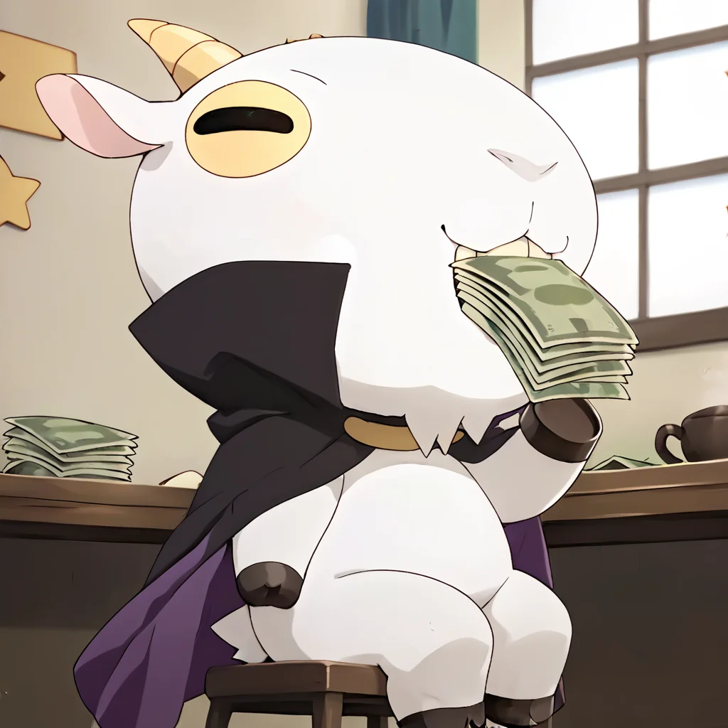 <lora:Don_Valentino-000015:1> cdidonv, solo, anthropomorphism goat, 1boy, two-sided cape, plump, (gnome), indoors, eating money, sitting, in desk,, score_9, score_8_up, score_7_up, score_6_up, score_5_up, score_4_up