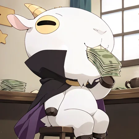 <lora:Don_Valentino-000015:1> cdidonv, solo, anthropomorphism goat, 1boy, two-sided cape, plump, (gnome), indoors, eating money, sitting, in desk,, score_9, score_8_up, score_7_up, score_6_up, score_5_up, score_4_up