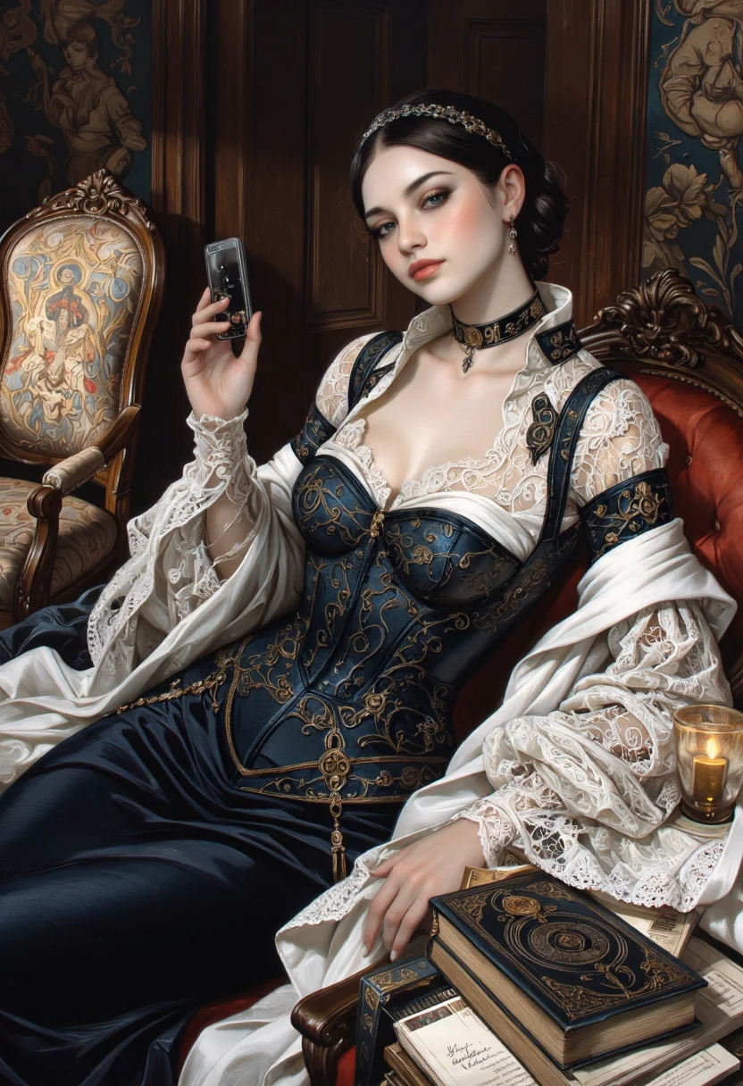A Renaissance-inspired painting of a woman lounging on a grand, upholstered chaise in a dimly lit study, dressed in an elegant, high-fashion fusion of historical and contemporary design. Her form-fitting, dark velvet gown is structured with a traditional Renaissance corset, but faint luminescent stitching traces delicate, cybernetic-inspired filigree across the fabric. The long, flowing sleeves are lined with semi-transparent mesh, embroidered with intricate patterns that resemble digital circuitry. A sleek, metallic choker featuring an embedded display rests around her neck, showing faintly pulsing golden glyphs. A richly woven, baroque-style tapestry drapes over her lap, its detailed imagery infused with subtle modern glitches, hinting at a world where time itself is in flux. A small, glowing data pad rests atop a stack of ancient leather-bound books, bridging the gap between the classical and the contemporary. She is taking a selfie with her cellphone. <lora:fluxdfaetasticdetail.Tzon:0.5000000000000001> <lora:exogenous.95AD:0.7000000000000002> <lora:moriimeeGothicNiji.2Wh3:0.9000000000000001> <lora:SkoolDaze_Portrait_Style-000014:0.7000000000000002>