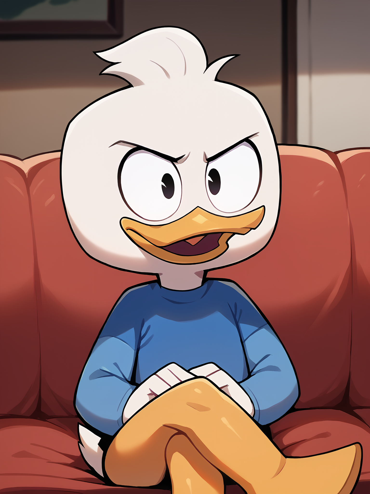 score_9, score_8_up, score_7_up, score_6_up, score_5_up, best quality, highres, source_furry, upper body
1boy, solo, duck, beak, deweypdxl, detailed background, indoors, sitting, red sofa, hands on lap, short tail, black eyes, open mouth, crossed legs, raised eyebrow, white skin, blue shirt, long sleeves, undershirt, hair tuft <lora:Dewey_Duck:0.9> <lora:KrekkovLycoXLV2:1>
