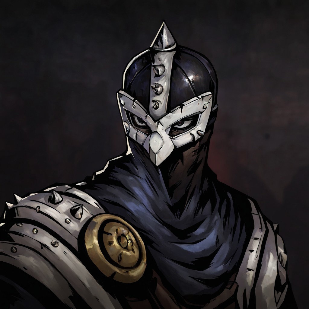 masterpiece, best quality, newest, absurdres, highres, DDstyle, official style, black eyes, shaded eyes, 1boy, DDBH-V1.1, mask, helmet, armor, shoulder armor, spikes,
