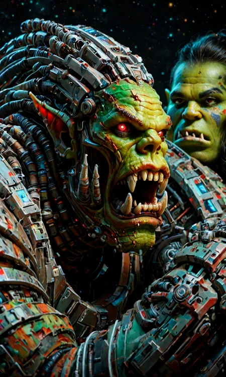 corroded  
orc mars attack alien An intergalactic bounty hunter confronts their target in a seedy, neon-lit space bar. The bar is filled with a diverse crowd of alien species, each more bizarre and colorful than the last. The bounty hunter is a hulking figure with a heavily scarred face and glowing cybernetic implants, while the target is a sleek, serpentine creature with multiple eyes and sharp fangs. The tension is palpable, with the bar's patrons watching closely, ready for a fight to break out at any moment
perfect face, perfect lighting, intricate, incredible detail, masterpiece, professional photoshoot, score_9, score_8_up, score_7_up, BREAK
 <lora:corroded:1>
