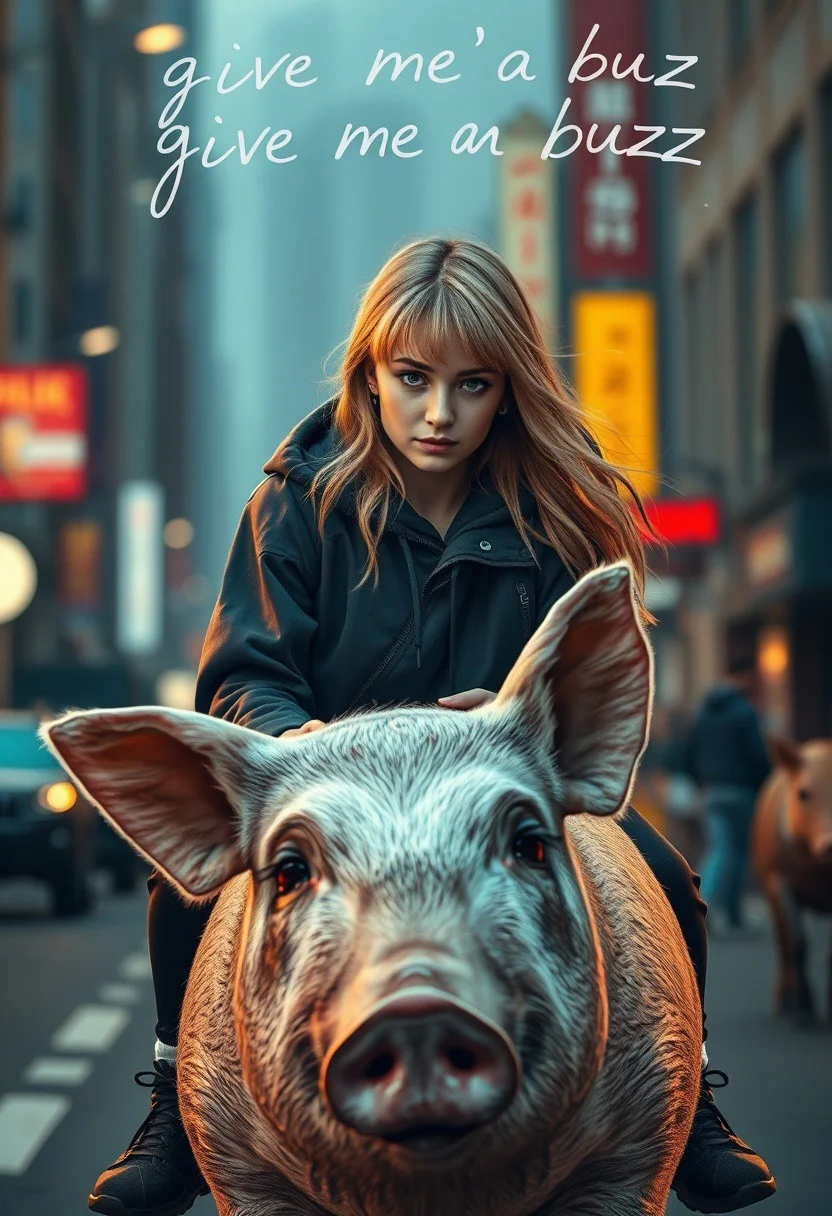 ultra-realistic 8k, girl riding a pig, high detailed, high quality,“give me a buzz” above Writing in the air, font size is small,masterpiece, quality highlights, 8k detail, detailed background, dynamic view, ultra-detailed, score_9, score_8_up, score_7_up, score_6_up,masterpiece, (best quality), highly detail, sharp, detailed,higher resolution textures, 4k graphic resolution,1girl, solo, Ashley Graham, beautiful girl,upper body,perfect eyes, goth girl,black eyes,shiny skin, blush ,sad smile, medium hair,blonde hair, diagonal bangs ,Red eyeshadow, long eyelashes , upturned eyes , black basketball shoes, over size hoodies,hood up,black baggy pants,Red eyeshadow, long eyelashes , upturn,ral-exposure,front view, cowboy body,at city street