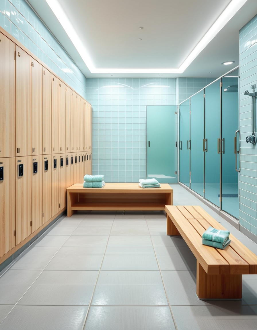 A realistic photograph of a modern swimming pool changing room, featuring clean, sleek design with white tiled walls and light blue accents. Rows of wooden benches with metal frames are neatly aligned in the center of the room. On the sides, there are individual lockers with glossy pastel-colored doors (light blue, mint green, and pale yellow), each with small number labels. Hooks are mounted on the walls, some holding neatly folded towels. The floor is made of non-slip gray tiles, slightly wet, reflecting the soft overhead LED lighting. The atmosphere is fresh and inviting, with a subtle fog from the pool area beyond a frosted glass door at the back. To the left side of the room, a large mirror spans the wall above a counter with built-in sinks, chrome faucets, and a few small bottles of hand soap. A subtle reflection of the interior is visible in the mirror. No people are present in the room. The lighting is bright but natural, as if itâs daytime with soft sunlight filtering through small high windows. The mood is calm, clean, and welcoming, captured with a high-resolution camera in photorealistic style. 
<lora:SDXLFaeTastic2400:0.4> <lora:extremely_detailed:0.4> extremely detailed,<lora:swimming_pool_ch4ng1ng_r00m:1>,swimming pool ch4ng1ng r00m, Masterpiece,best quality,hi res,8k,hi res,8k,award winning,(sharp focus, intricate, highly detailed),