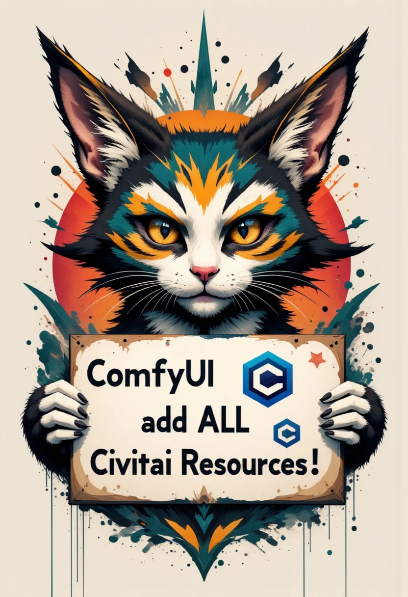 high quality, ultra detailed, colorful, abstract, fantasy. Cat with a fierce look, holding a sign written "ComfyUI Finally add ALL Civitai Resources!". Blue Civitai logo stamped on sign, bo-abstract, aidmainkstyle, civitaiLogo<lora:FLUX\aidmaInkStyle-FLUX-V0.1.safetensors:0.8:0.8> <lora:FLUX\boFLUX AbstractMorph.safetensors:0.8:0.8> <lora:FLUX\civitaiLogoFlux.safetensors:0.6:0.6> <lora:FLUX\Enhancer\FluxDFaeTasticDetails.safetensors:0.6:0.6>