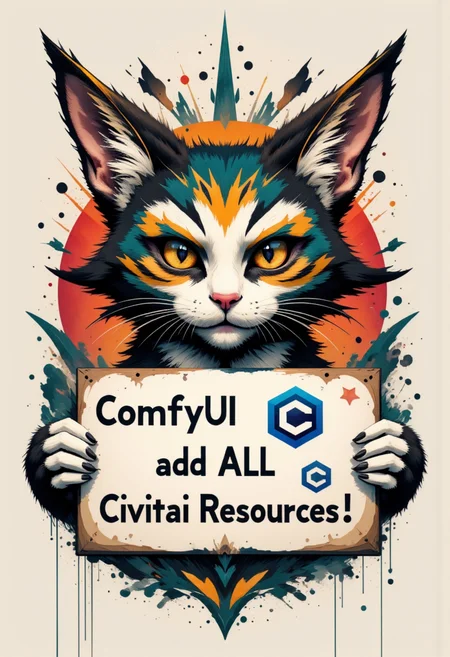 high quality, ultra detailed, colorful, abstract, fantasy. Cat with a fierce look, holding a sign written "ComfyUI Finally add ALL Civitai Resources!". Blue Civitai logo stamped on sign, bo-abstract, aidmainkstyle, civitaiLogo<lora:FLUX\aidmaInkStyle-FLUX-V0.1.safetensors:0.8:0.8> <lora:FLUX\boFLUX AbstractMorph.safetensors:0.8:0.8> <lora:FLUX\civitaiLogoFlux.safetensors:0.6:0.6> <lora:FLUX\Enhancer\FluxDFaeTasticDetails.safetensors:0.6:0.6>