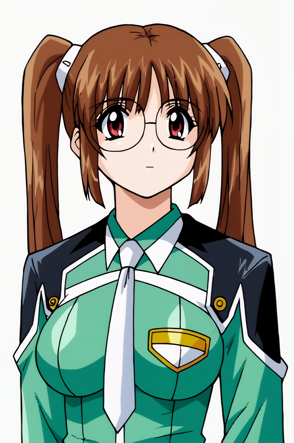 <lora:Divergence_Eve2:0.8>, white background, Prim Snowlight, rating all, solo, long hair, brown hair, twintails, necktie, glasses, uniform, military, military uniform, white necktie