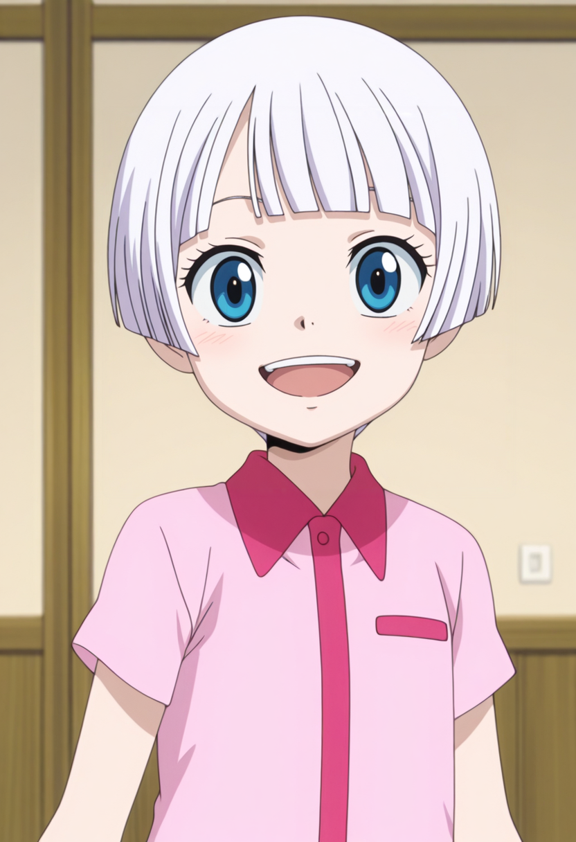 masterpiece,best quality,amazing quality,very aesthetic, absurdres, highres, newest, anime screencap, anime coloring,
BREAK
<lora:lisanna_illustrious:0.8>  lisanna, blue eyes, white hair, short hair, blunt bangs, pink shirtdress, shirtdress, short sleeves, portrait,
BREAK
solo, upper body,
smile, :D, looking at viewer,