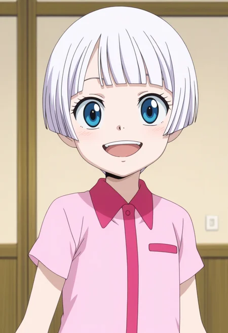 masterpiece,best quality,amazing quality,very aesthetic, absurdres, highres, newest, anime screencap, anime coloring,
BREAK
<lora:lisanna_illustrious:0.8>  lisanna, blue eyes, white hair, short hair, blunt bangs, pink shirtdress, shirtdress, short sleeves, portrait,
BREAK
solo, upper body,
smile, :D, looking at viewer,