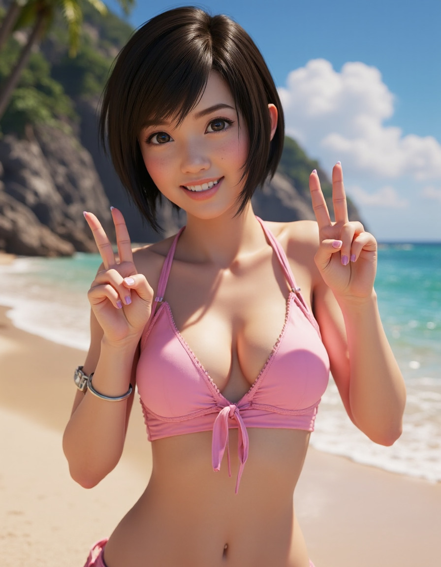 a beautiful female <lora:yuffie:1>, pink bikini, hair in a short bob, playful pose, smiling, unreal 5, close up, background a beautiful beach inspired by the worlds of the final fantasy videogames