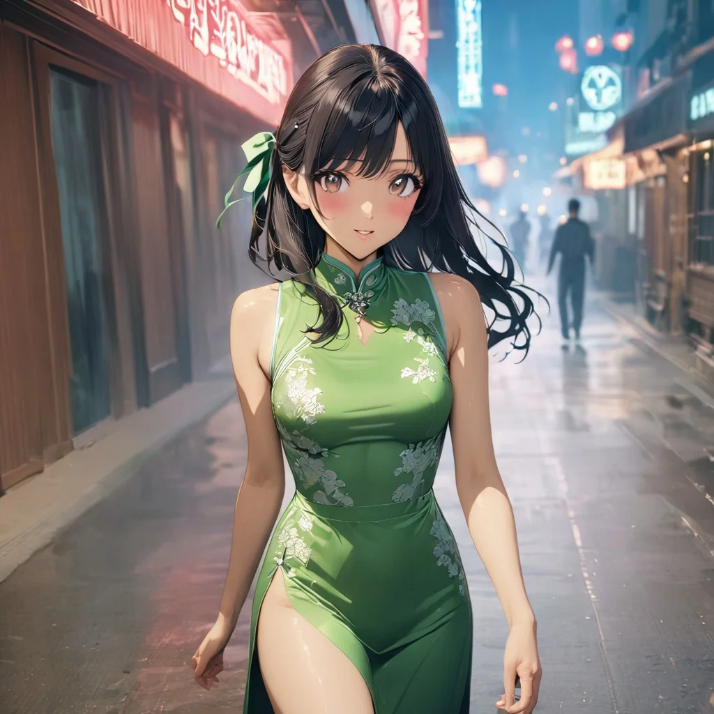gorgeous lips, cinematic, (masterpiece), (best quality), (ultra-detailed), very aesthetic, illustration, perfect composition, intricate details, absurdres, detailed face, (anime, masterpiece, intricate:1.3), (best quality, hires textures, high detail:1.2)from the front, outdoors, (full body shot:1.3),
BREAK, a anime girl with very long black hair, wavy hair,Hong Kong style city, 1girl, solo, side swept bangs, medium breasts, long hair, black hair, looking at up, walking, sleeveless green short flowing silk cheongsam, high slit, toned legs, legs crossed, XCYP Cheongsam beauties, necklace, hair ribbon, green hair ribbon, smiling, hair blowing in the wind, cheongsam blowing in the wind, blush,green heels , collarbone, brown eyes, perfect eyes, flashing lights, 1990's era , night time,looking at viewer, neon lighting, neon lighting, dolly shot, seductive mood, pursed lips