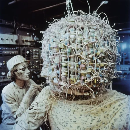 a cinematic still color photograph, from the dream of an android-human-replica, who working tirelessly ,creates a machine that makes copies of human dreams, bio-computer configured with biologically plausible biogenic circuits, brazilian tropicalia retrofuturism,
cursed image, thinking plague