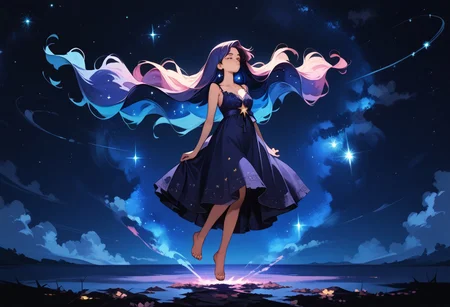 score_9, score_8_up, score_7_up, score_6_up, 1girl, ethereal, rated_safe, full body, floating, celestial beauty, fetal position, slinky night gown made of cosmic dust, swirling clouds of dark matter enfold her, cosmic background,trippy pink stars, shooting stars