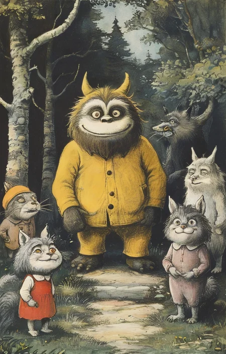 masterpiece,best quality,<lora:tbh377-sdxl:0.6>,illustration,style of Maurice Sendak
animals